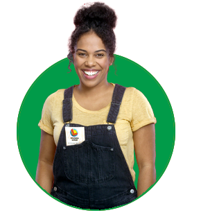 smiling wisconsin lottery winner with dark hair in high ponytail wearing yellow tshirt and black overalls holding up winning ticket on green circle background