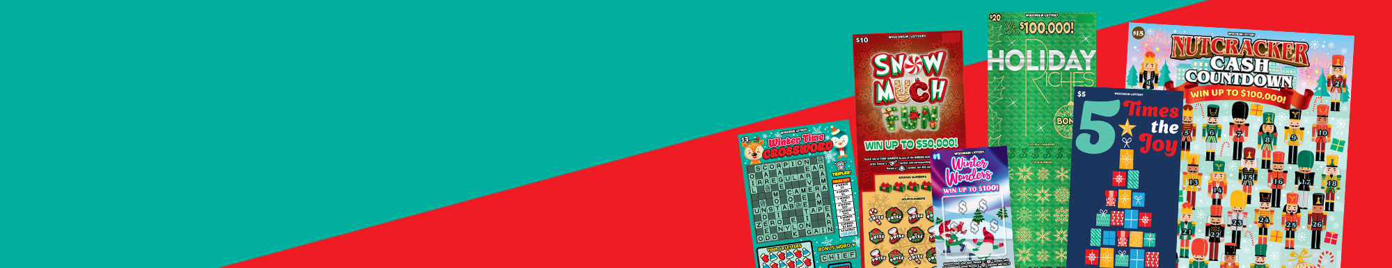 Assortment of 2023 WI Lottery Holiday Scratch games with a green and red background.