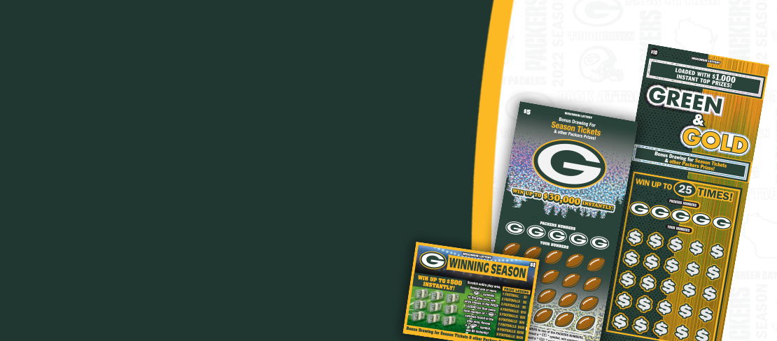 2023 Packers Scratch tickets with a green, yellow, and white background