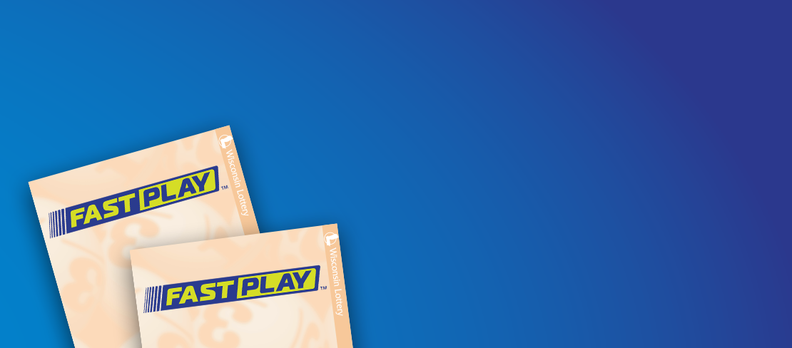 fan of tickets with bold letters in deep blue and bright lime in blue and lime slanted rectangle making up Fast Play logo on tan lotto ticket paper on blue and purple gradient background
