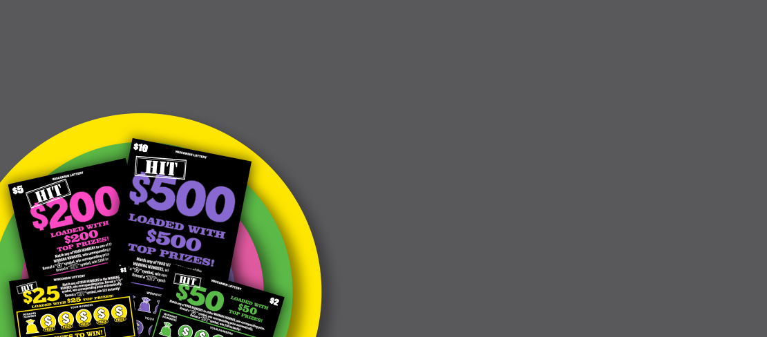 fan of black scratch games with bright writing on yellow, green, pink and purple bullseye on grey background