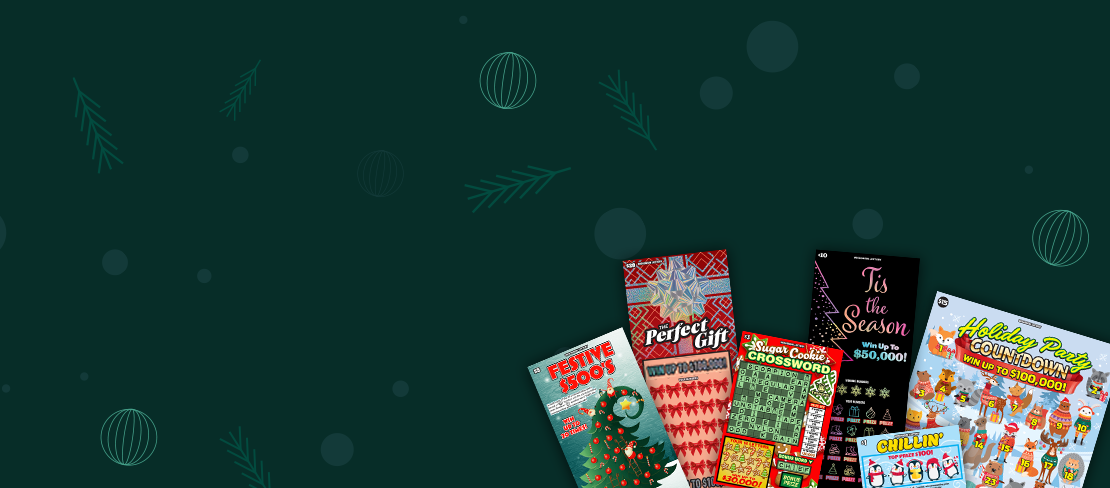 assortment of colorful holiday scratch games on dark forest green background with lighter green dots, orbs and evergreen bow line art