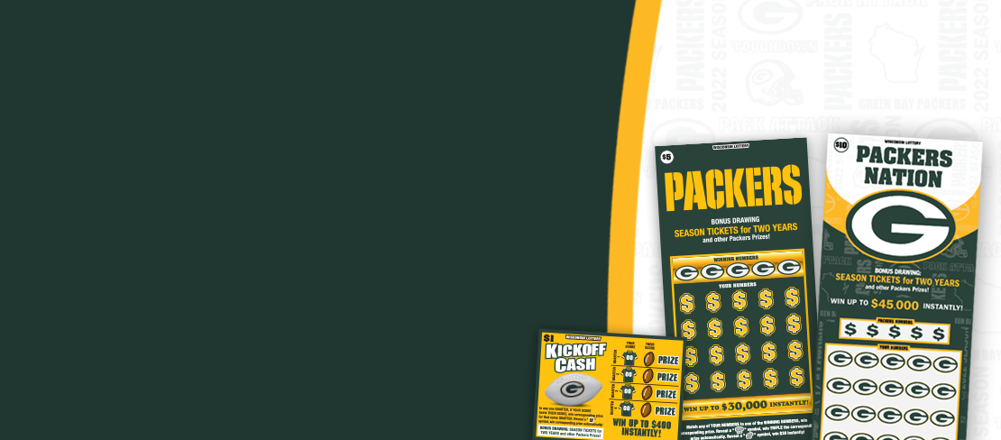 dark green background with gold ring around the bright green and gold 2022 Packers Official Scratch games from the Wisconsin Lottery