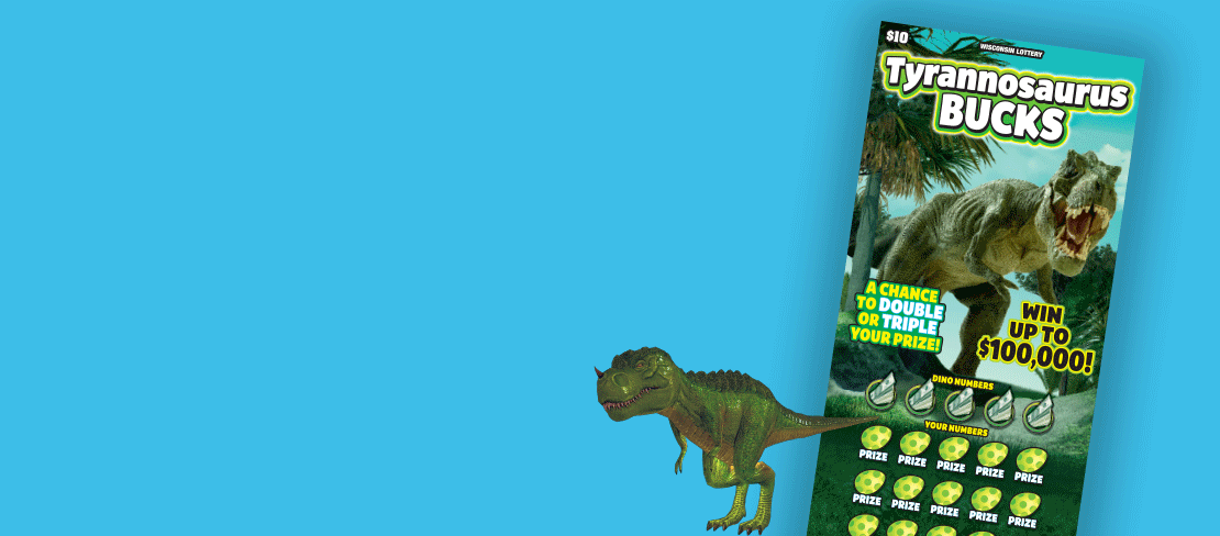green dinosaur roaring on blue background and new scratch ticket with green grass, blue skies and palm trees with giant roaring trex dinosaur on Wisconsin Lottery scratch game 