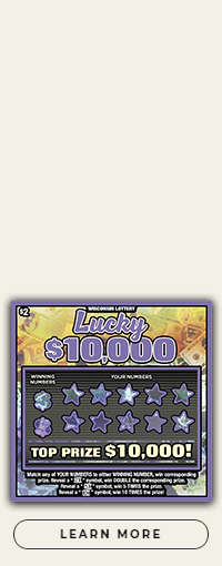 Wisconsin Scratch Game, Lucky $10,000 blue and orange holographic background with purple outlines and purple text.