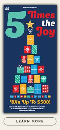 Blue ticket with Green 5 and red and white text with tree made out of colorful presents.