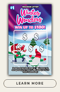 Wisconsin scratch game tickets 4 tickets makes a winter scene. Snowy scene with purple and pink sky with pink white and blue text