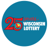 bright blue background with red scripted 25 scrolling around WI Lottery bullseye logo for our 25th birthday