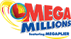 colorful WI Lottery bullseye logo surrounded by yellow swirls and bold red and blue letters with white star in middle of the O, making up the Mega Millions logo