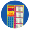 dark blue dots on light blue box with multiple bingo cards with red lettering on bright yellow background
