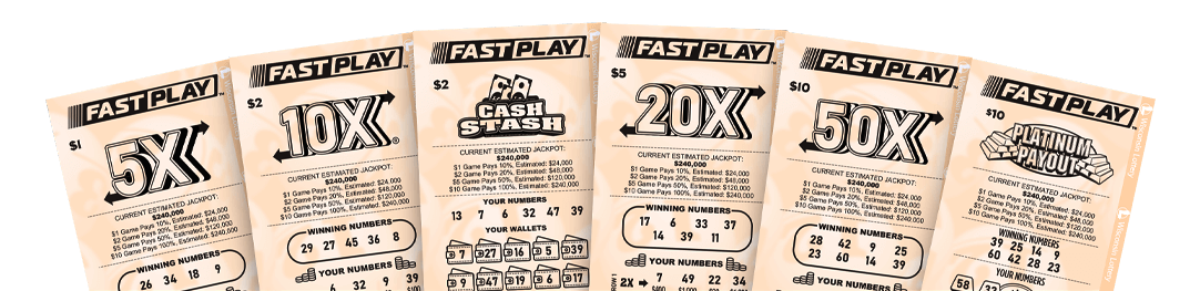 fan of tickets with black lettering in slanted rectangle making up Fast Play logo on tan lotto ticket paper