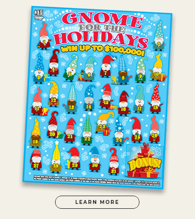 white snow and swirly curls on light blue background filled with colorful gnomes in tall hats in an assortment of colors on Wisconsin Lottery game
