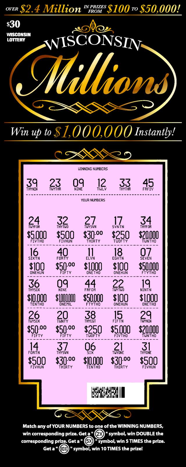 Wisconsin Millions instant scratch game Wisconsin Millions instant scratch ticket from Wisconsin Lottery - scratched