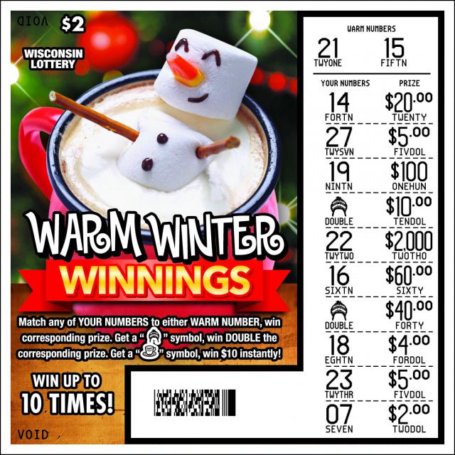 Warm Winter Winnings instant scratch game Warm Winter Winnings instant scratch ticket from Wisconsin Lottery - scratched