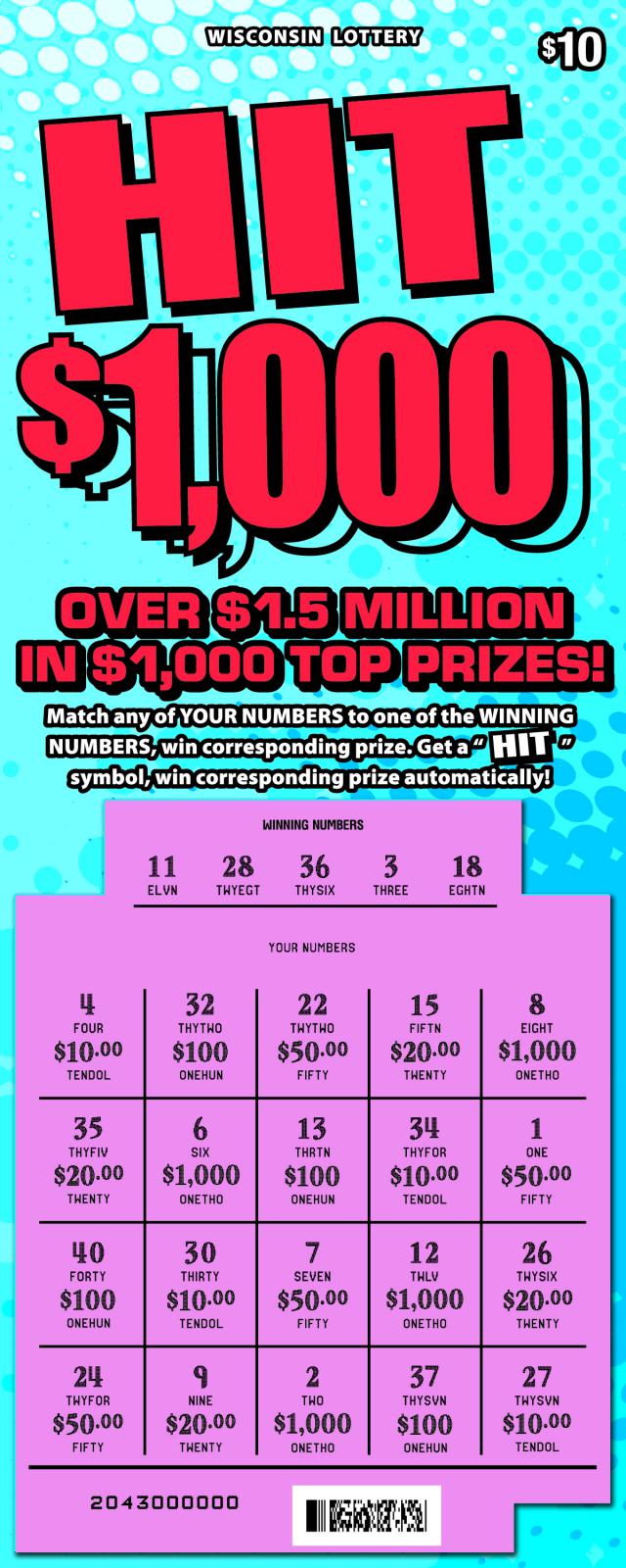 Hit $1,000 instant scratch game Hit $1,000 instant scratch ticket from Wisconsin Lottery - scratched