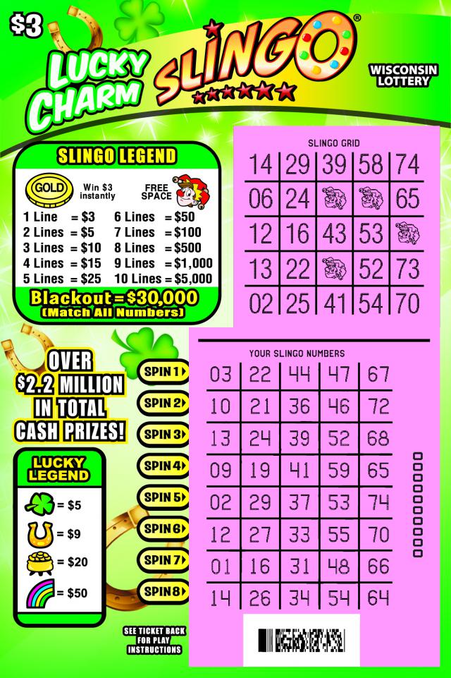 Lucky Charm Slingo instant scratch ticket from Wisconsin Lottery - scratched