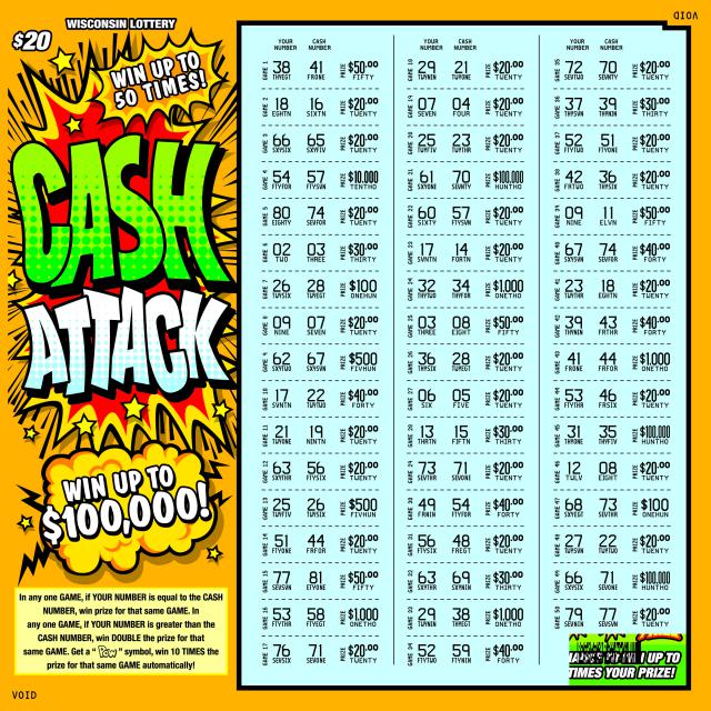 Cash Attack instant scratch game Cash Attack instant scratch ticket from Wisconsin Lottery - scratched