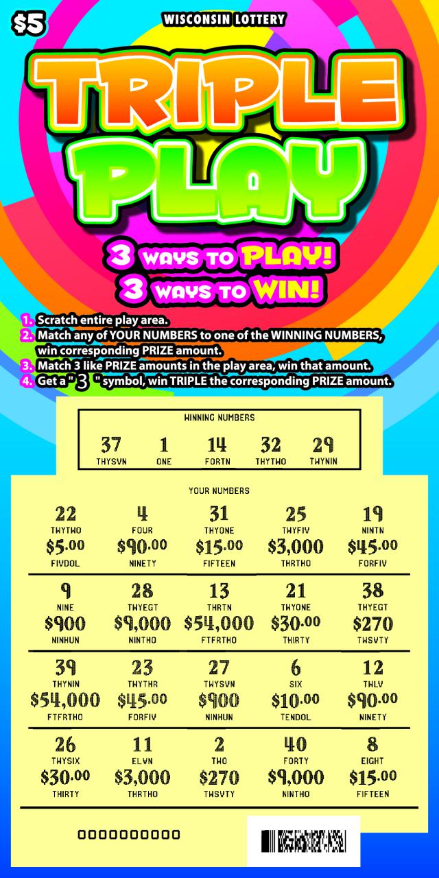 Triple Play instant scratch ticket from Wisconsin Lottery - scratched