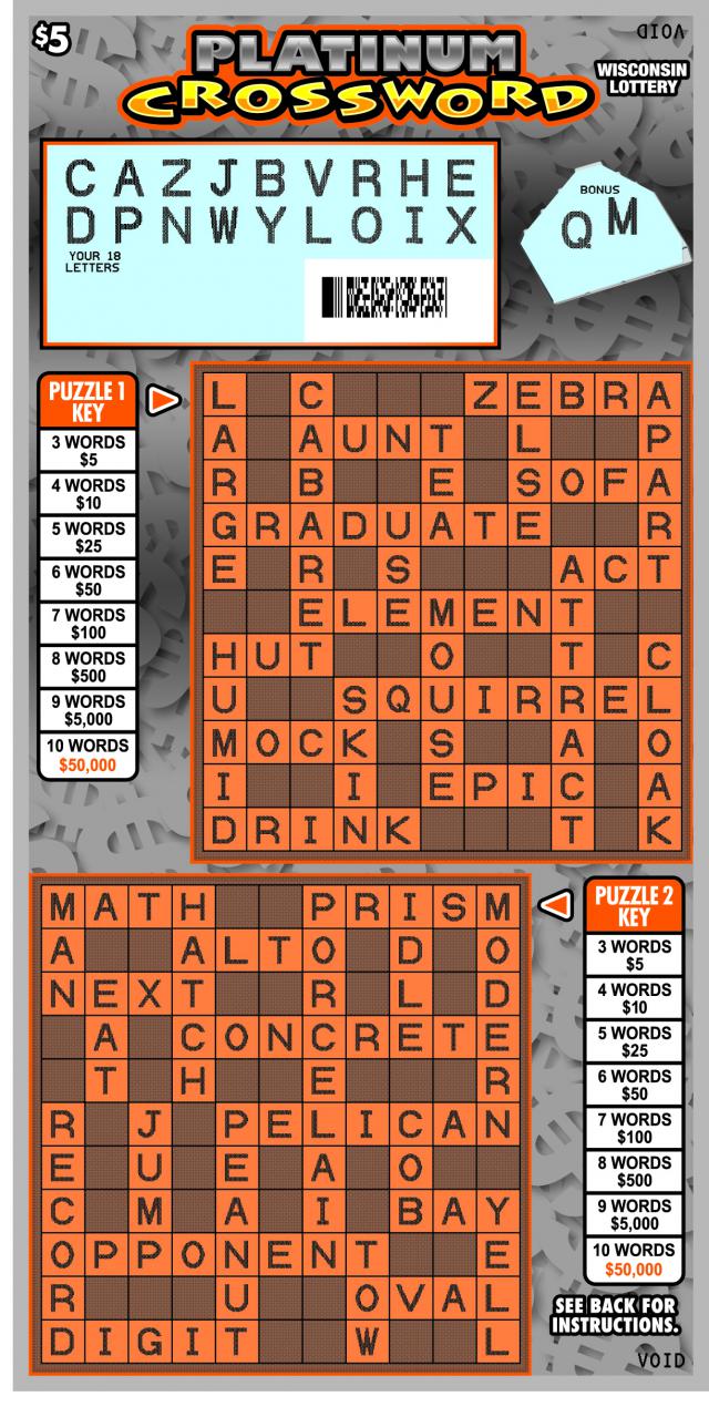 Platinum Crossword instant scratch ticket from Wisconsin Lottery - scratched