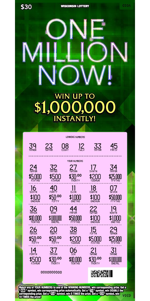 One Million Now instant scratch ticket from Wisconsin Lottery - scratched