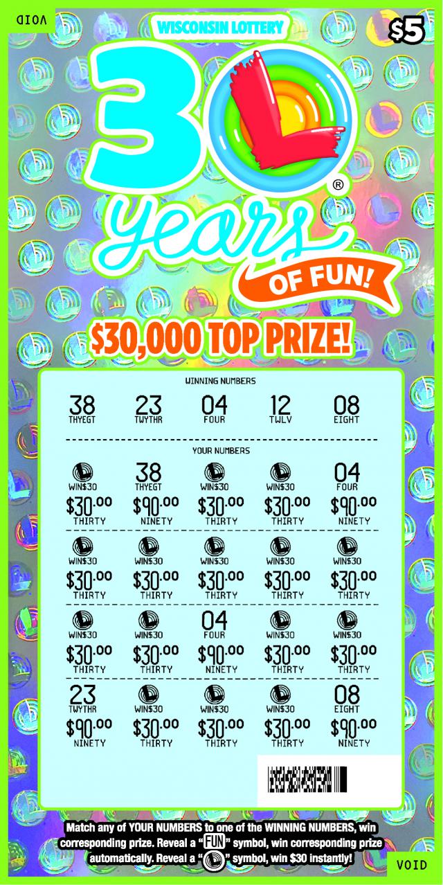 30 Years of Fun instant scratch game 30 Years of Fun instant scratch ticket from Wisconsin Lottery - scratched