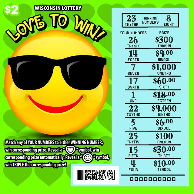 Love to Win instant scratch ticket from Wisconsin Lottery - scratched