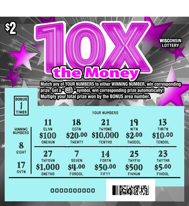 10X the Money instant scratch ticket from Wisconsin Lottery - unscratched