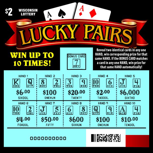 Lucky Pairs instant scratch game Lucky Pairs instant scratch ticket from Wisconsin Lottery - scratched