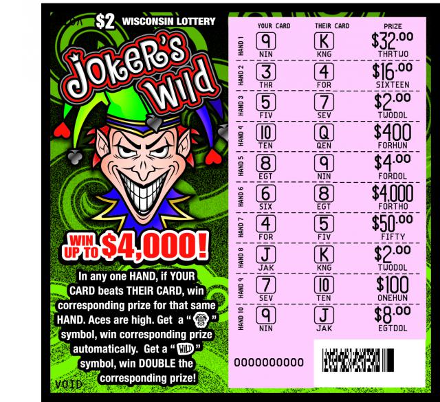 Joker's Wild instant scratch game Joker's Wild instant scratch ticket from Wisconsin Lottery - scratched