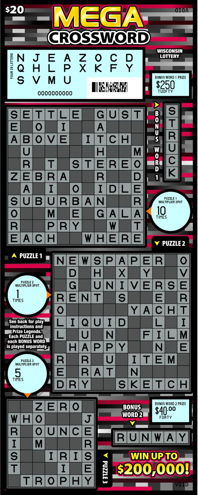Mega Crossword instant scratch ticket from Wisconsin Lottery - scratched