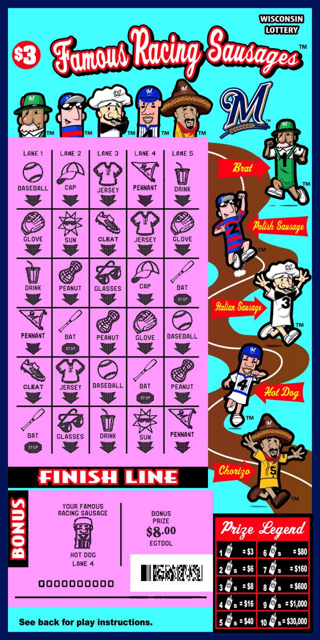 Famous Racing Sausages instant scratch game Famous Racing Sausages instant scratch ticket from Wisconsin Lottery - scratched