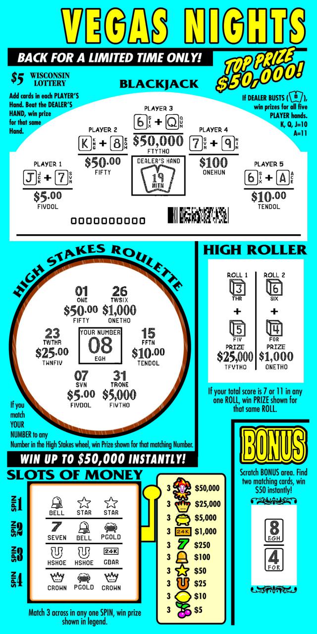 Vegas Nights instant scratch ticket from Wisconsin Lottery - scratched