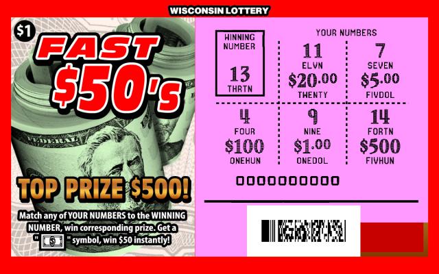 Fast $50s instant scratch game Fast $50s instant scratch ticket from Wisconsin Lottery - unscratched
