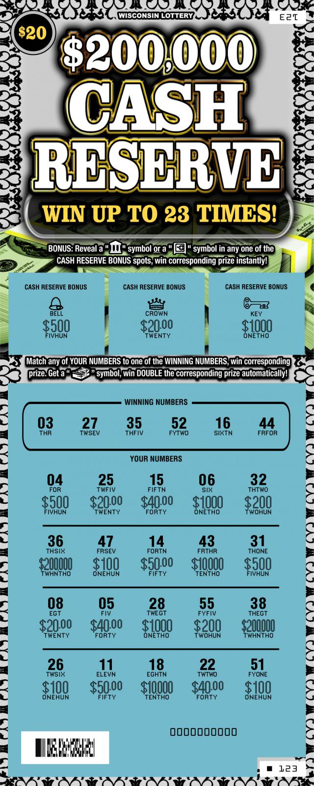 $200,000 Cash Reserve instant game $200,000 Cash Reserve instant scratch ticket from Wisconsin Lottery - scratched
