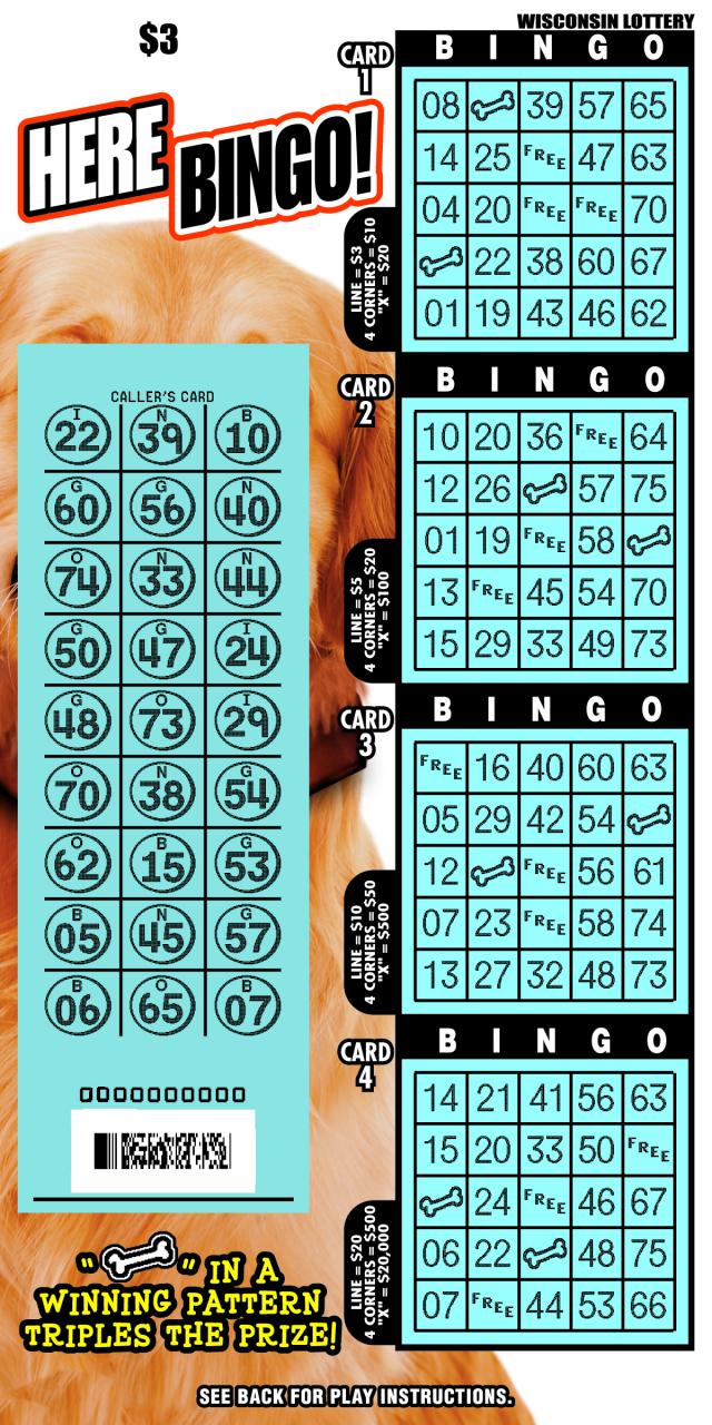 Here Bingo instant scratch game Here Bingo instant scratch ticket from Wisconsin Lottery - unscratched