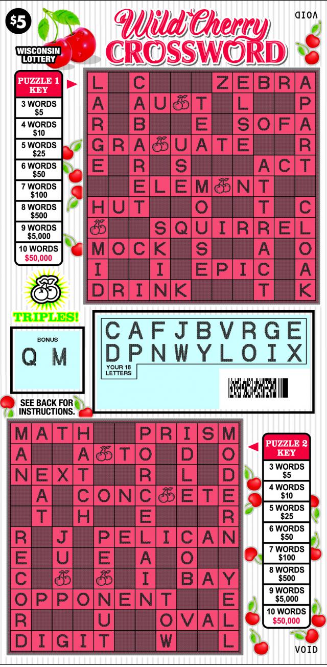 Wild Cherry Crossword instant scratch ticket from Wisconsin Lottery - scratched