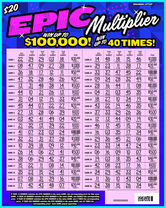 Epic Multiplier instant scratch ticket from Wisconsin Lottery - scratched