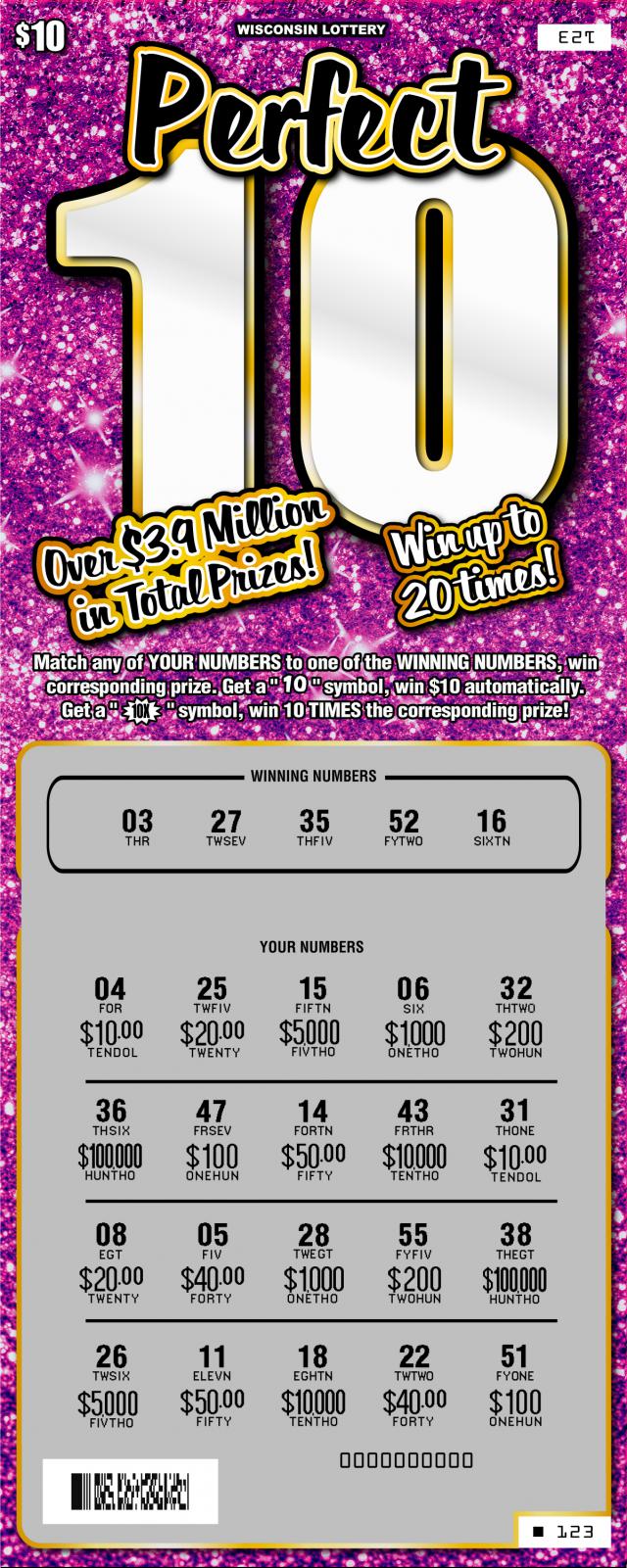 Perfect 10 instant scratch ticket from Wisconsin Lottery - unscratched