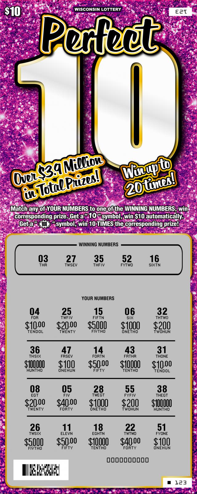 Perfect 10 instant scratch game Perfect 10 instant scratch ticket from Wisconsin Lottery - unscratched