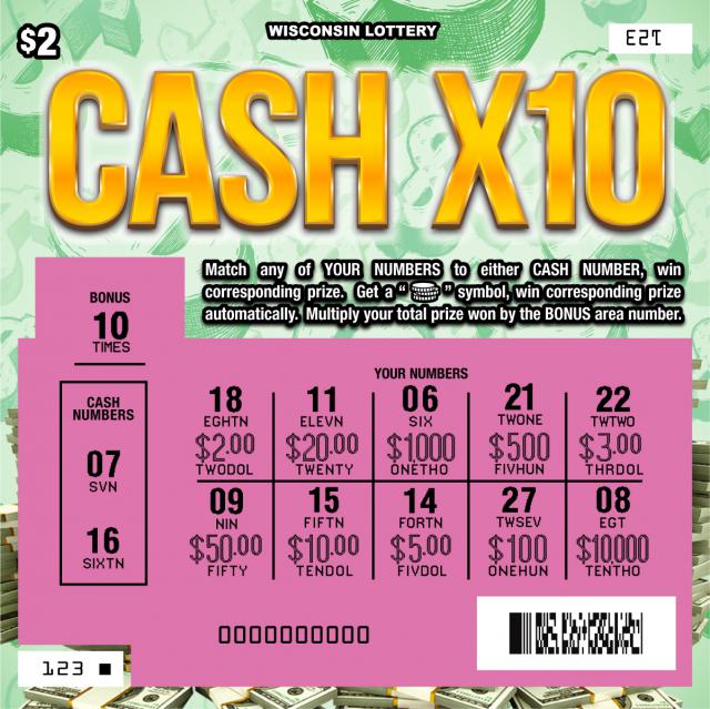 Cash X10 instant scratch ticket from Wisconsin Lottery - scratched
