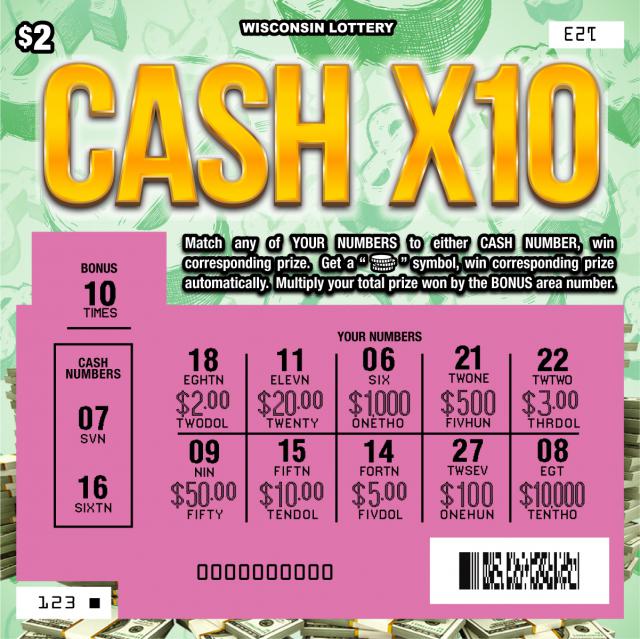 Cash X10 instant scratch ticket from Wisconsin Lottery - scratched