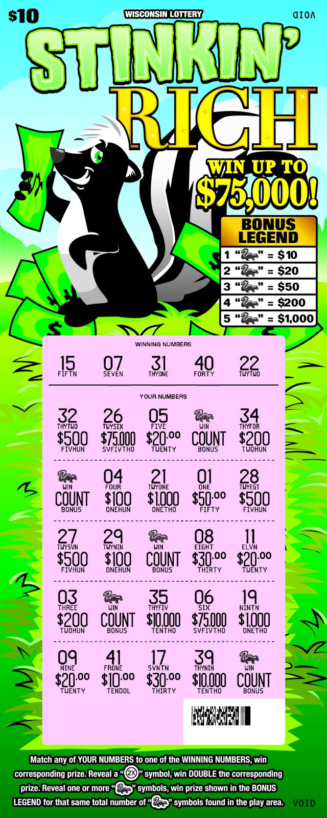 Stinkin' Rich instant scratch game Stinkin' Rich instant scratch ticket from Wisconsin Lottery - scratched