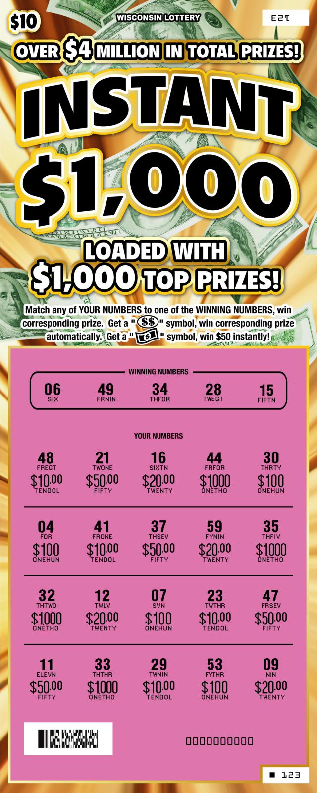 Instant $1,000 instant scratch game Instant $1,000 instant scratch ticket from Wisconsin Lottery - scratched
