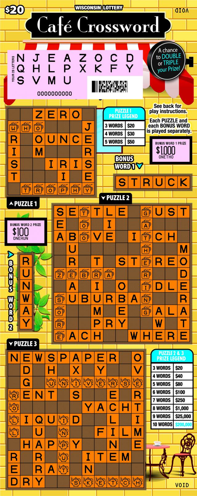 Cafe Crossword instant scratch ticket from Wisconsin Lottery - scratched