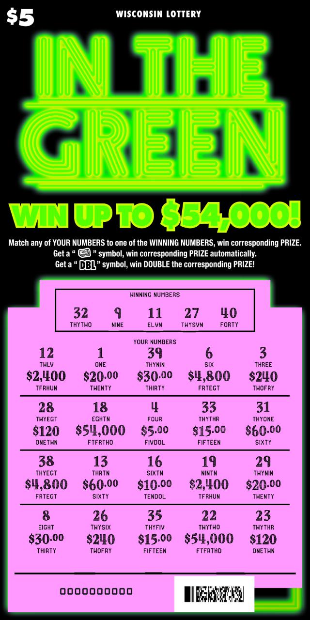 In the Green instant scratch game In the Green instant scratch ticket from Wisconsin Lottery - scratched