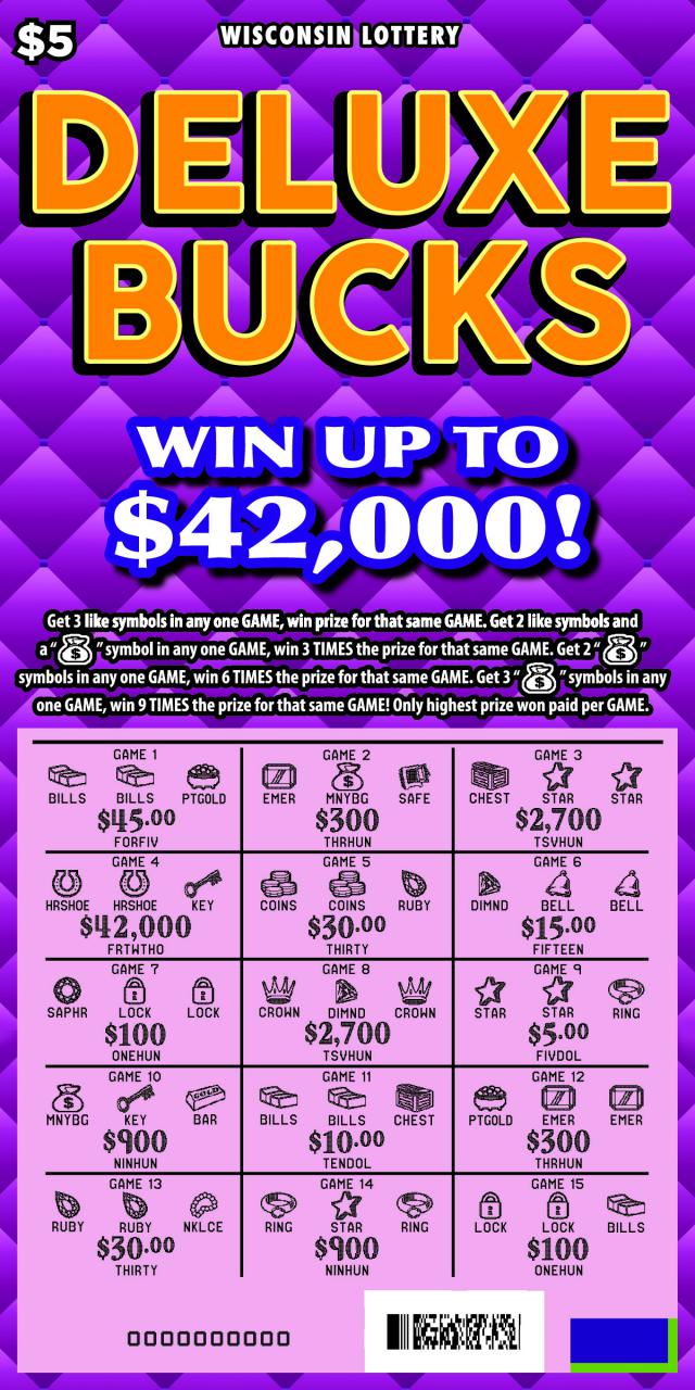 Deluxe Bucks instant scratch game Deluxe Bucks instant scratch ticket from Wisconsin Lottery - scratched
