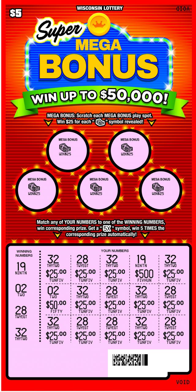 Super Mega Bonus instant scratch game Super Mega Bonus instant scratch ticket from Wisconsin Lottery - scratched