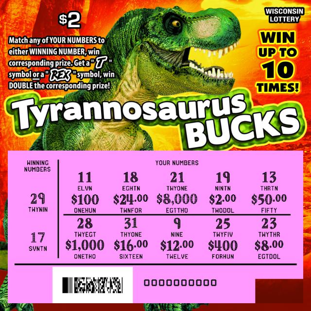 Tyrannosaurus Bucks instant scratch game Tyrannosaurus Bucks instant scratch ticket from Wisconsin Lottery - scratched