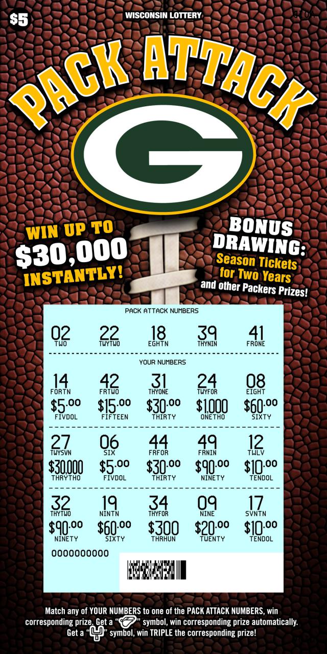 Pack Attack instant scratch game Pack Attack instant scratch ticket from Wisconsin Lottery - scratched