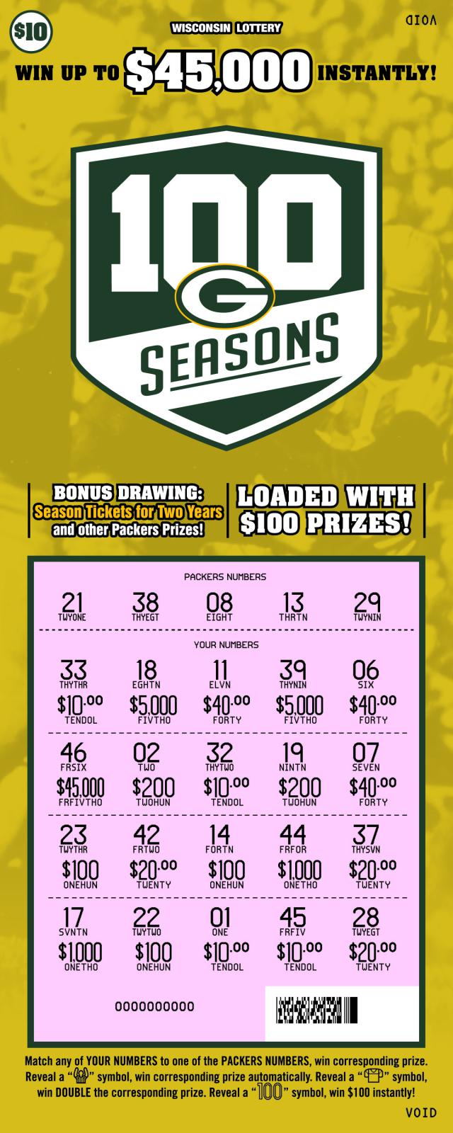 100 Seasons instant scratch ticket from Wisconsin Lottery - scratched